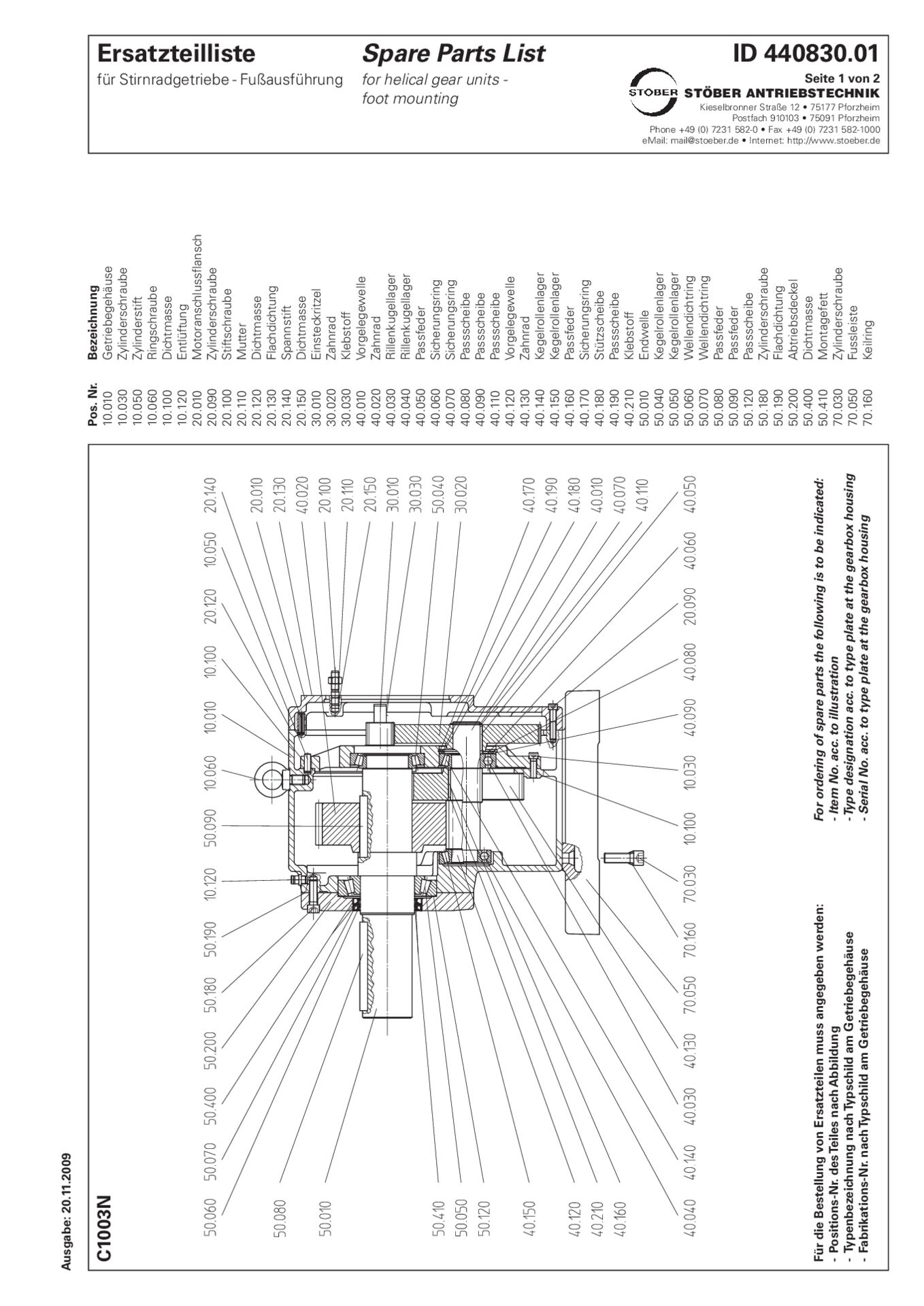 Ersatzteilliste Stirnradgetriebe C1003 NReplacement parts list helical gear units C1003 N