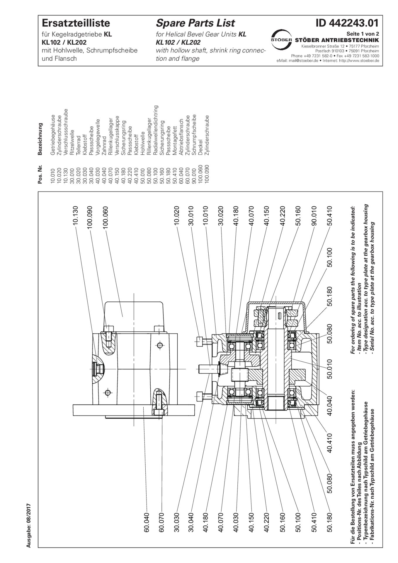 Ersatzteilliste Kegelradgetriebe KL102 KL202 SFReplacement parts list helical bevel gear units KL102 KL202 SF