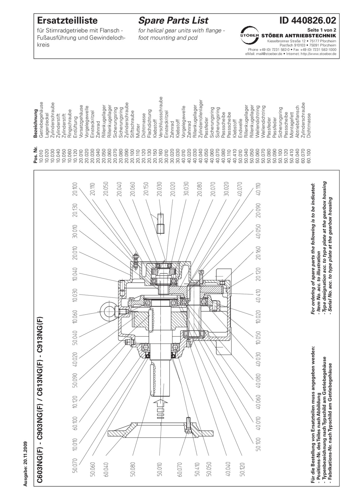 Replacement parts list helical gear units C603 C613 C703 C713 C803 C813 C903 C913 NG NF
