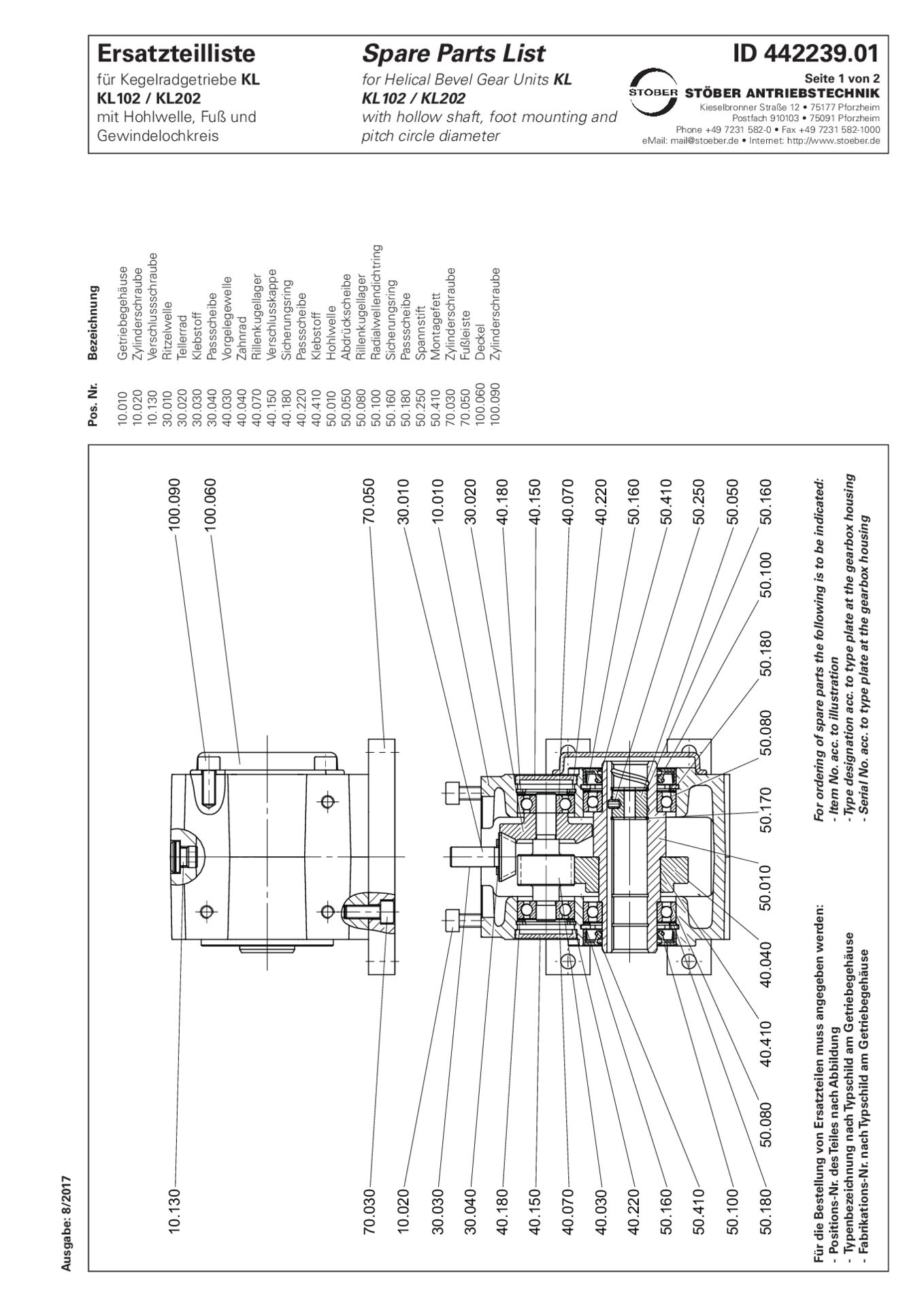 Replacement parts list helical bevel gear units KL102 KL202 AG ANGErsatzteilliste Kegelradgetriebe KL102 KL202 AG ANG