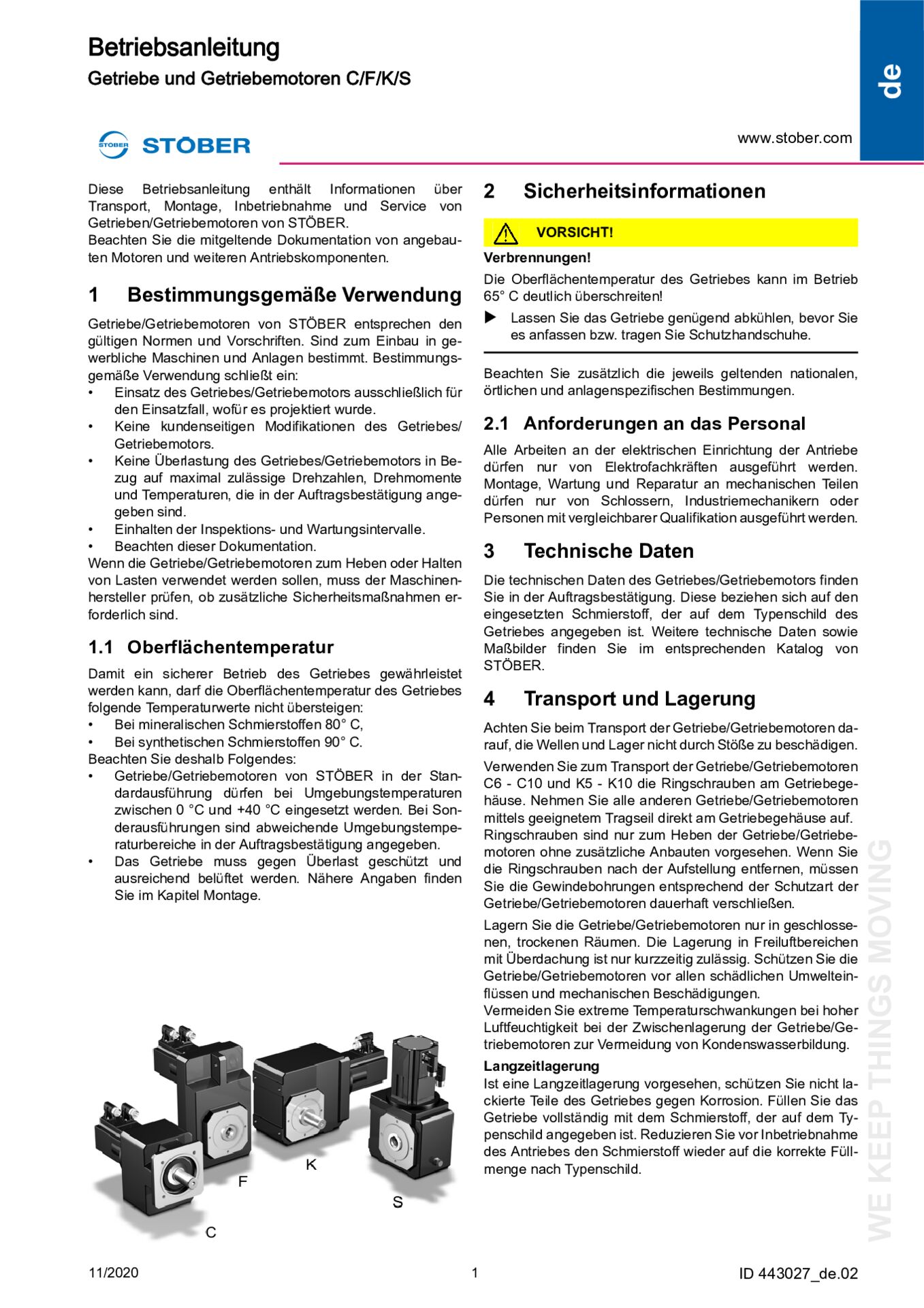 Betriebsanleitung Getriebe und Getriebemotoren C F K S