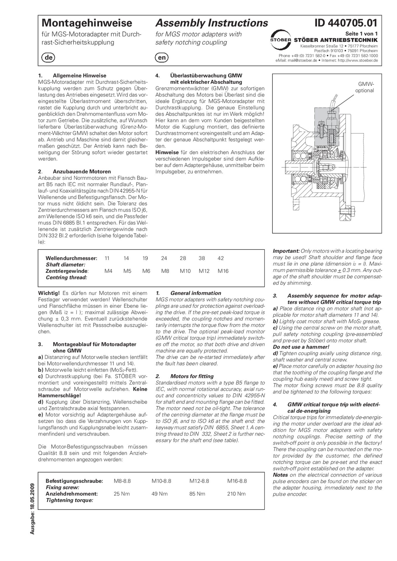 Montageanleitung MGS-Motoradapter mit Durchrast-SicherheitskupplungAssembly instructions MGS motor adapter with safety notching coupling