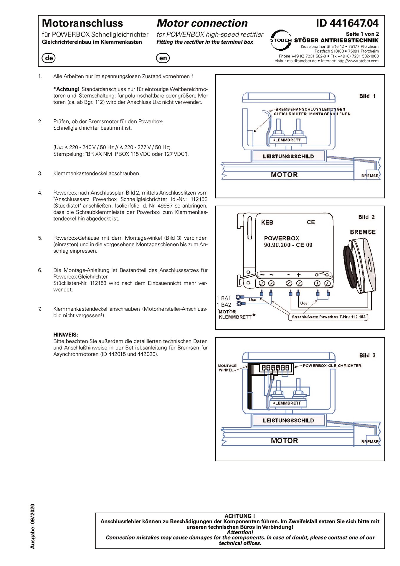 Anschlussplan POWERBOX Schnellgleichrichter Einbau in Klemmenkasten