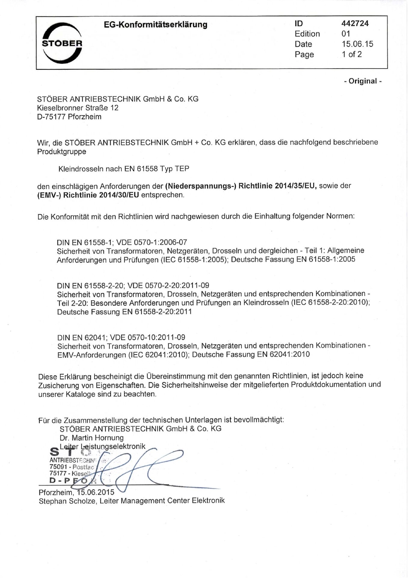 EG-Konformitätserklärung für Kleindrosseln nach EN 61558 TEP