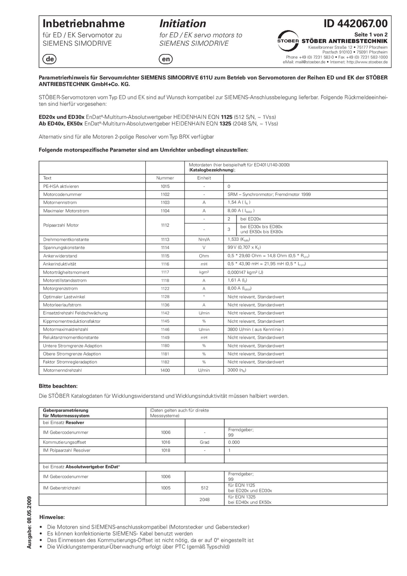 Commissioning instructions ED / EK on SIEMENS SimodriveInbetriebnahmeanleitung ED / EK an Siemens Simodrive