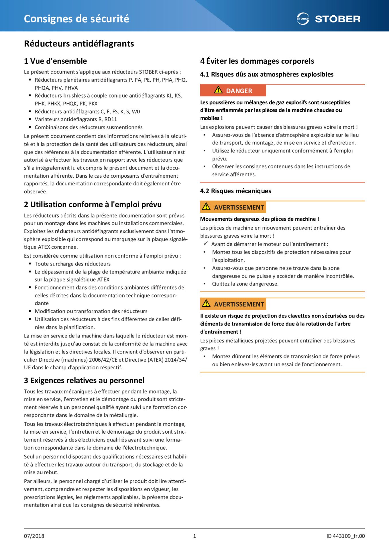 Consignes de sécurité pour réducteurs antidéflagrants